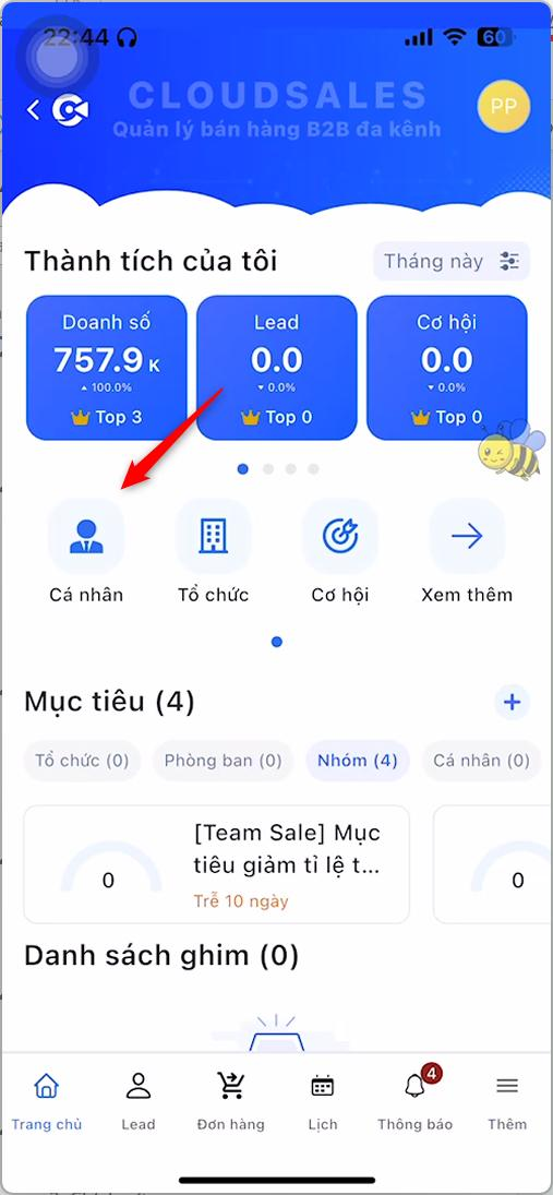 Chọn module Cá nhân tại màn hình Trang chủ