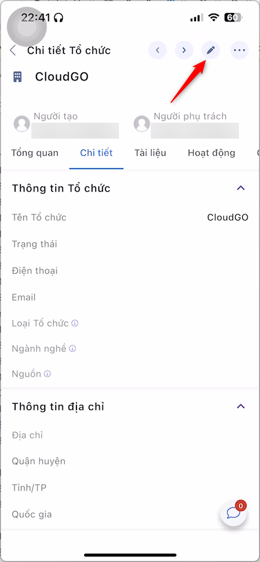 Nhấn icon Chỉnh sửa tại màn hình Chi tiết Tổ chức