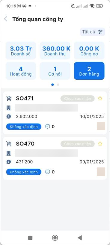 Trang đầu của Tổng quan công ty với Doanh số, Doanh thu, Công nợ, Hoạt động, Cơ hội, Đơn hàng và danh sách đơn hàng bên dưới