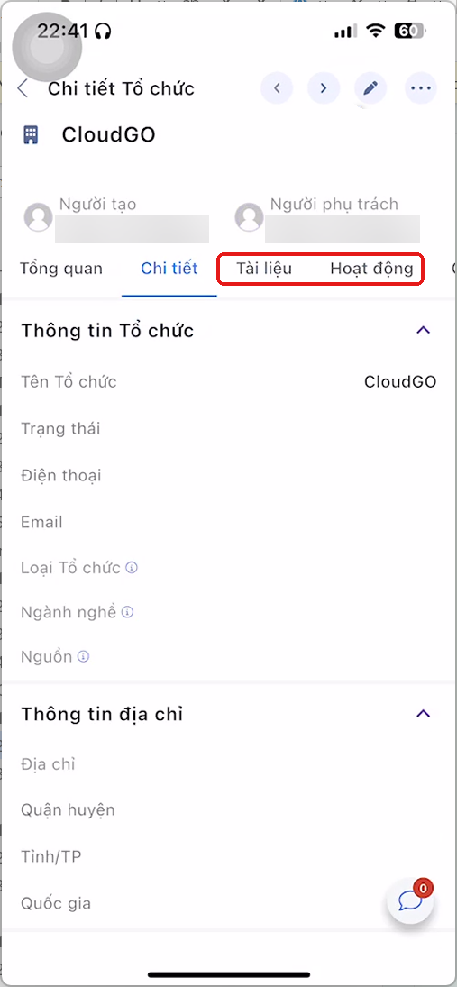Màn hình Chi tiết Tổ chức, khung đỏ đánh dấu tab Tài liệu và tab Hoạt động
