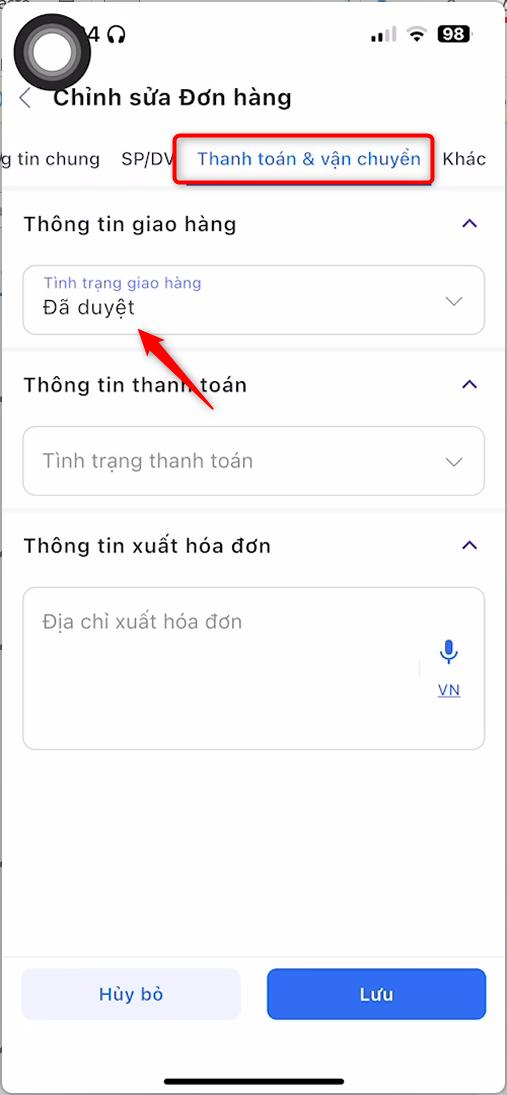 Cập nhật Tình trạng giao hàng thành Đã duyệt