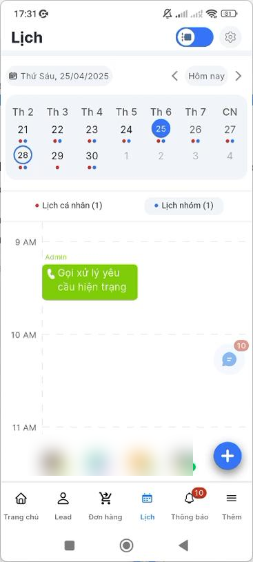 Màn hình Lịch nhóm hiển thị lịch của bạn và nhân viên