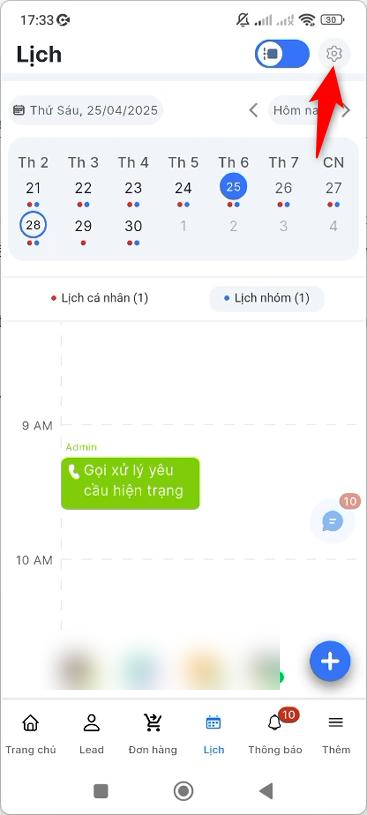 Nhấn icon Thiết lập ở góc phải trên màn hình Lịch