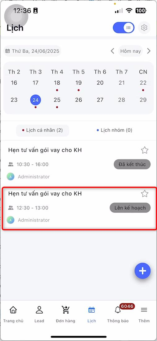 Module Lịch trên ứng dụng, chọn lịch hẹn trong ngày