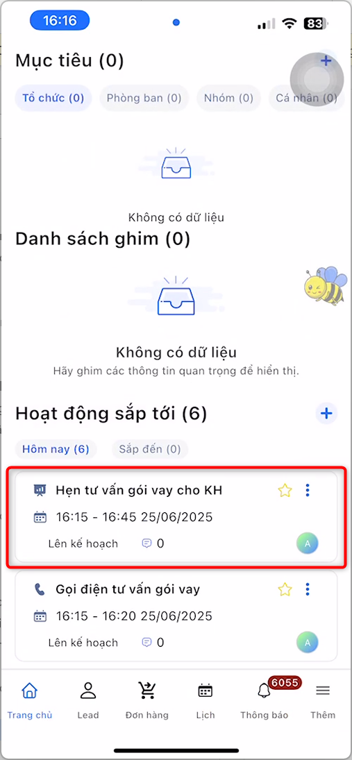 Trang chủ, chọn lịch hẹn tại mục Hoạt động sắp tới