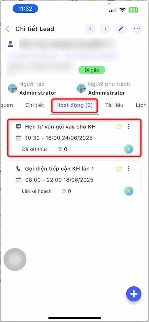 Chi tiết Lead, tab Hoạt động, chọn lịch hẹn