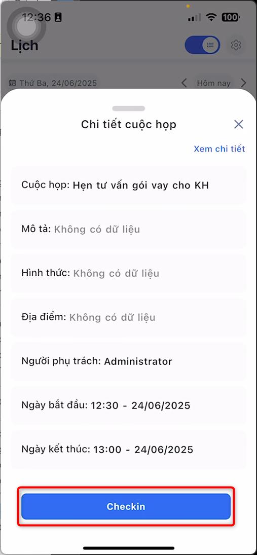 Nút Checkin trên màn hình Chi tiết cuộc họp