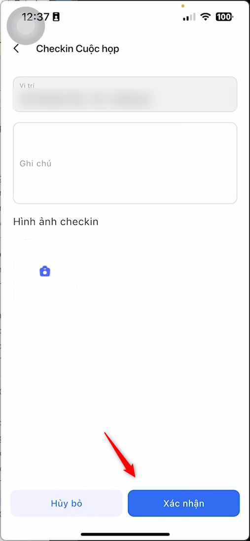 Màn hình Checkin Cuộc họp gồm Vị trí, Ghi chú, Hình ảnh checkin và nút Xác nhận