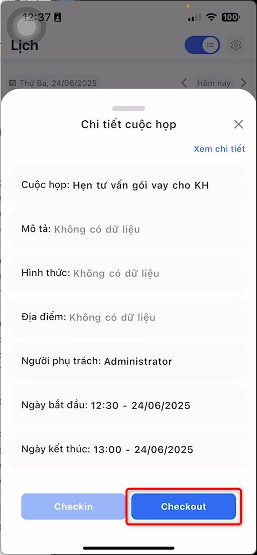 Sau khi checkin, nút Checkin bị làm mờ, nhấn nút Checkout
