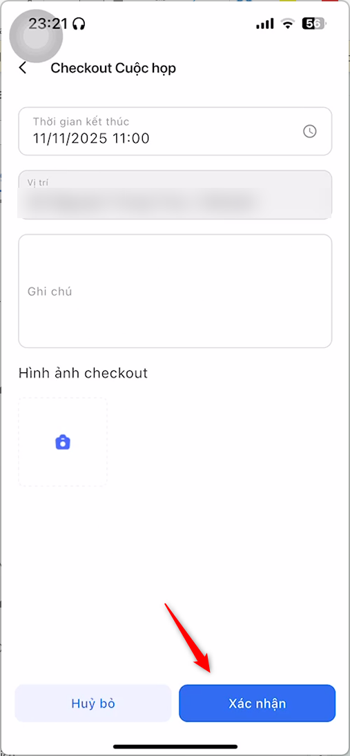 Màn hình Checkout Cuộc họp gồm Thời gian kết thúc, Vị trí, Ghi chú, Hình ảnh checkout
