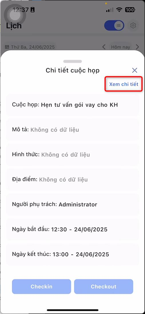 Nhấn Xem chi tiết tại màn hình Chi tiết cuộc họp