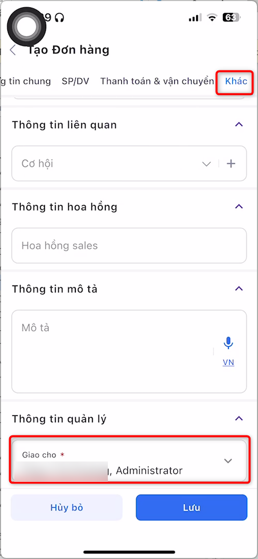 Trường Giao cho trong mục Thông tin quản lý tại tab Khác