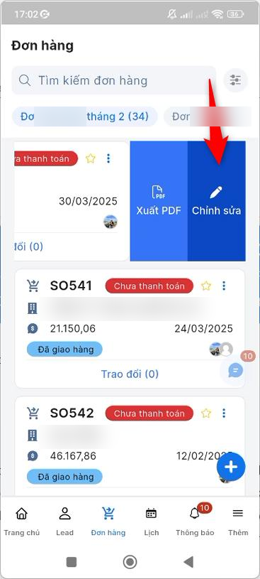 Vuốt trái đơn hàng hiện nút Xuất PDF và Chỉnh sửa