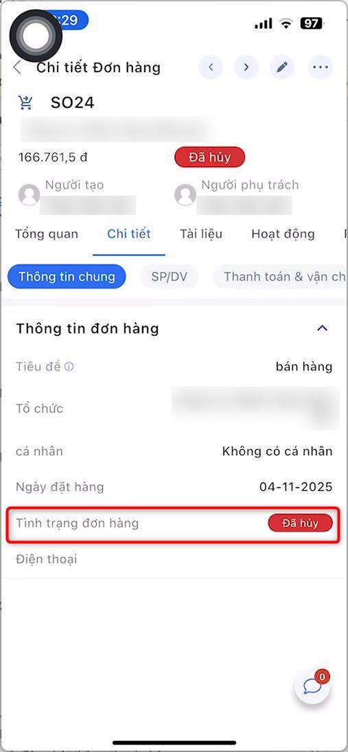 Chi tiết Đơn hàng hiển thị tình trạng Đã hủy