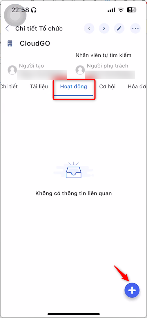 Chi tiết Tổ chức, tab Hoạt động và nút dấu cộng