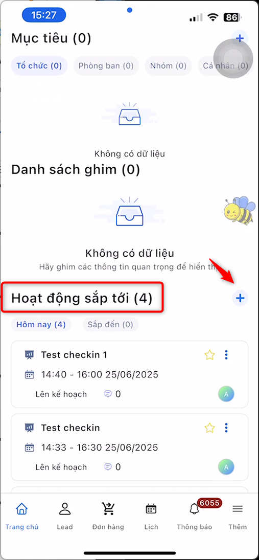 Trang chủ, nút dấu cộng tại mục Hoạt động sắp tới