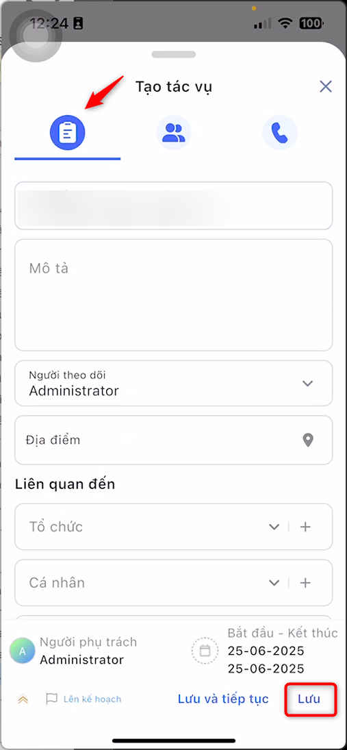 Form tạo Tác vụ với nút Lưu và Lưu và tiếp tục