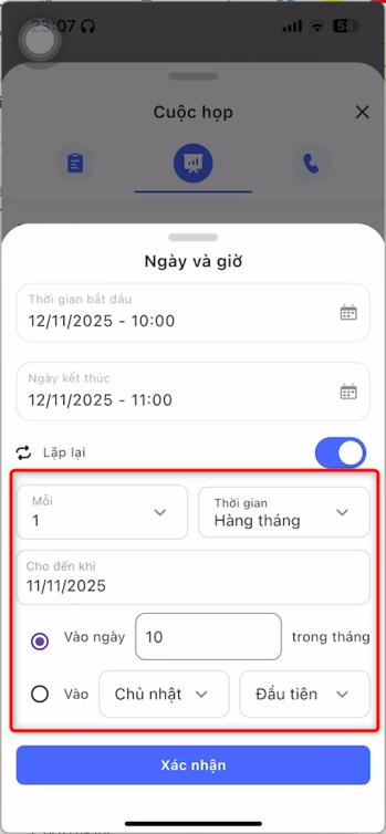 Thiết lập lặp lại: Mỗi, Thời gian, Cho đến khi, Vào ngày