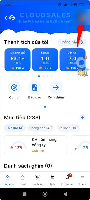 Nhấn vào ảnh đại diện ở góc phải màn hình Trang chủ