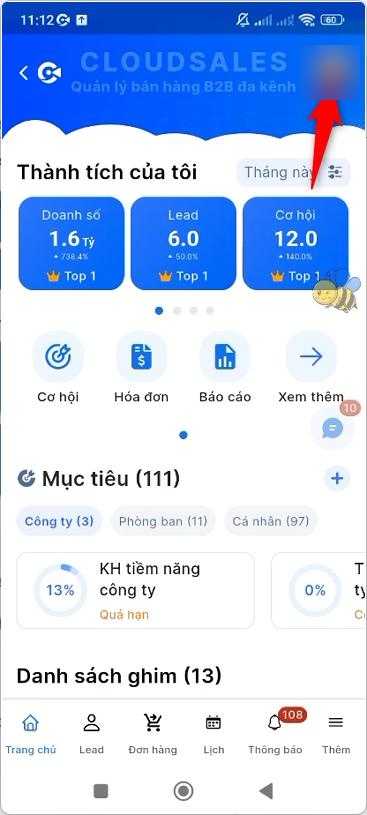 Nhấn vào ảnh đại diện ở góc trên màn hình trang chủ phân hệ