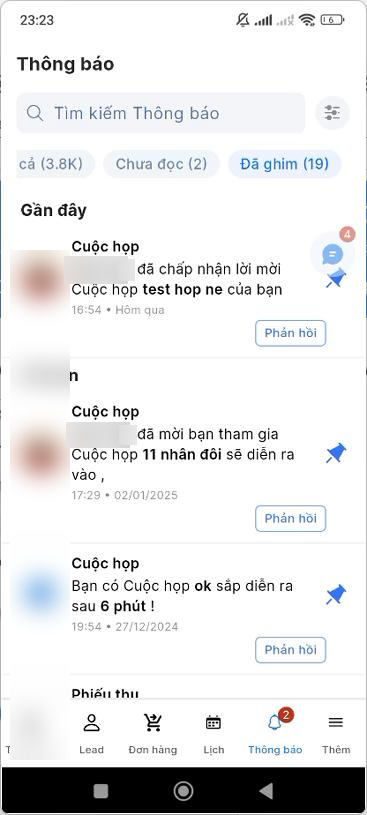 Tab Đã ghim hiển thị các thông báo Cuộc họp đã ghim, icon ghim tô màu xanh