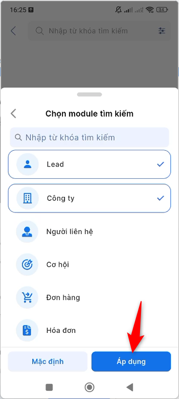 Tick chọn module Lead và Công ty rồi nhấn Áp dụng