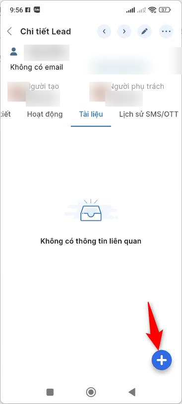 Tab Tài liệu trong chi tiết Lead, nhấn dấu cộng để thêm tài liệu