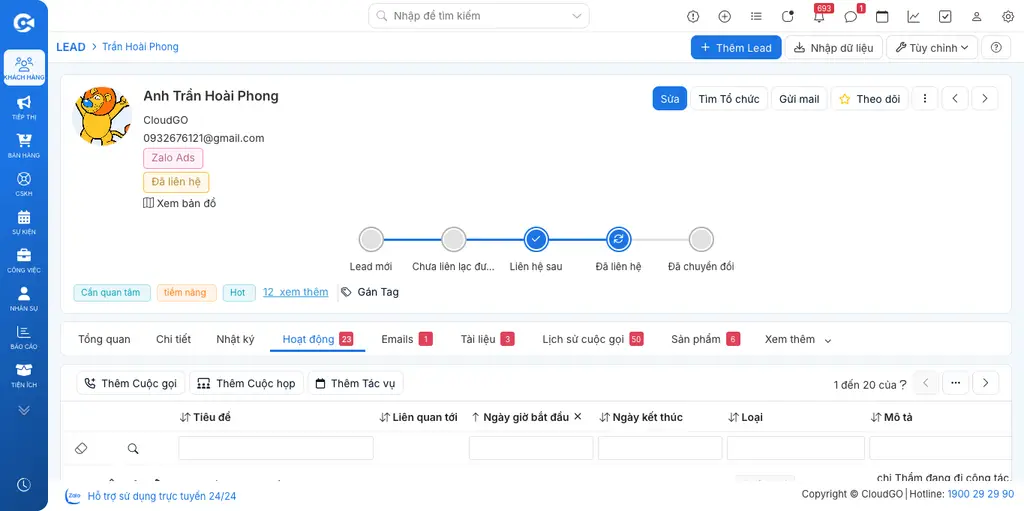Tab Hoạt động trên hồ sơ Lead ghi nhận lịch sử các hoạt động chăm sóc