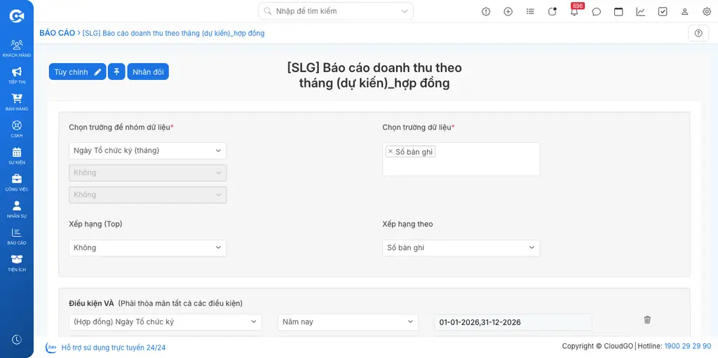 Màn hình cấu hình một báo cáo đã tạo sẵn với Module chính là Hợp đồng, hiển thị các trường lọc theo Ngày Tổ chức ký