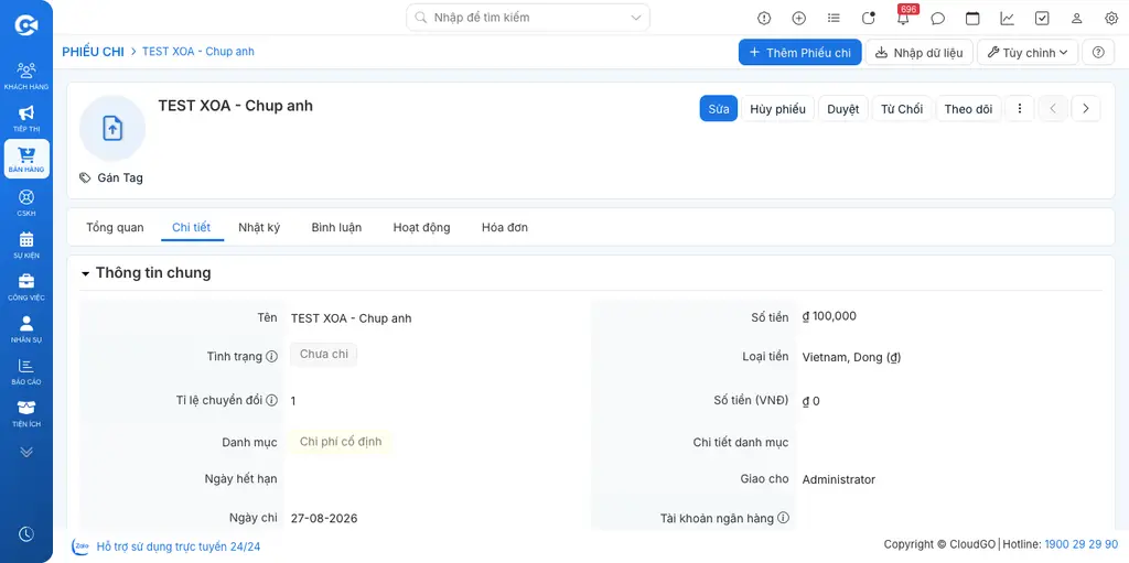 Màn hình chi tiết Phiếu chi ở trạng thái Chưa chi, hiển thị 2 nút Duyệt và Từ Chối cạnh nút Sửa, Hủy phiếu