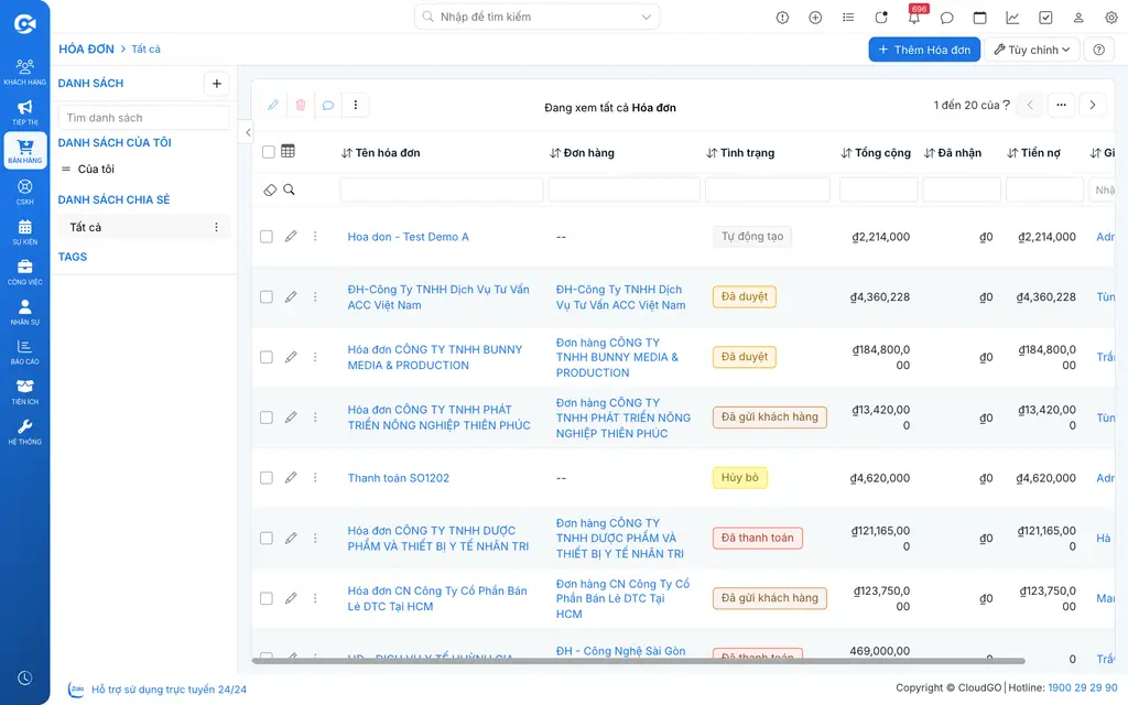 Màn hình danh sách Hóa đơn trên CloudGO CRM, hiển thị các trường Mã hóa đơn, Tên hóa đơn, Tổ chức, Tình trạng