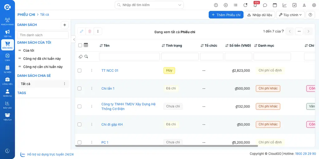 Màn hình danh sách Module Phiếu chi trên CloudGO CRM, hiển thị các trường Tên, Tình trạng, Số tiền, Danh mục và nút Thêm Phiếu chi