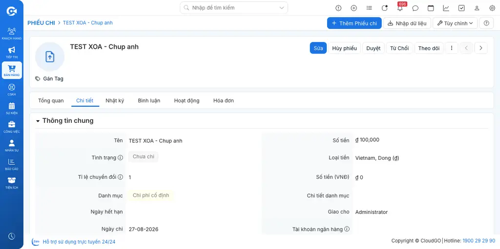 Màn hình chi tiết Phiếu chi ở trạng thái Chưa chi, nút Hủy phiếu nằm cạnh nút Sửa