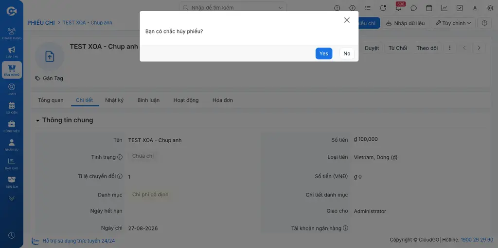 Hộp thoại xác nhận hủy Phiếu chi với 2 nút Yes và No