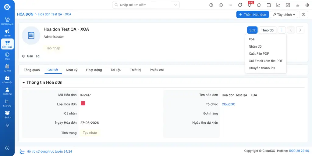 Menu hành động trên màn hình chi tiết Hóa đơn với các mục Xóa, Nhân đôi, Xuất File PDF, Gửi Email kèm file PDF, Chuyển thành PO