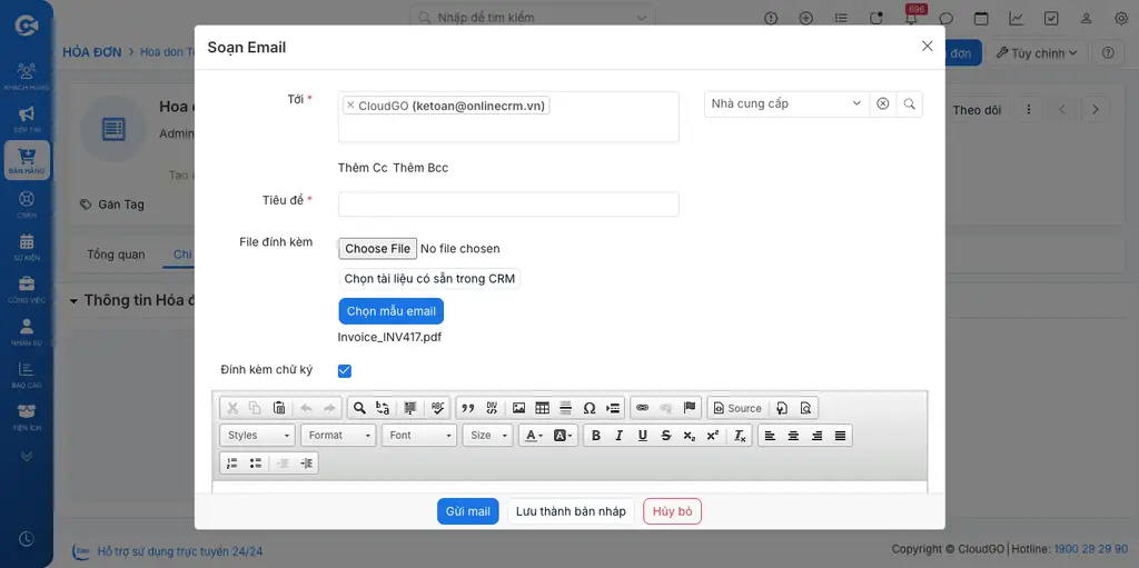 Popup Soạn Email đính kèm file PDF Hóa đơn, gồm ô Tới, Tiêu đề, chọn mẫu Email, file đính kèm và nội dung