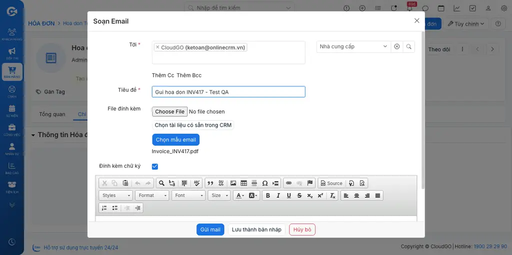 Popup Soạn Email đã nhập Tiêu đề, sẵn sàng để gửi