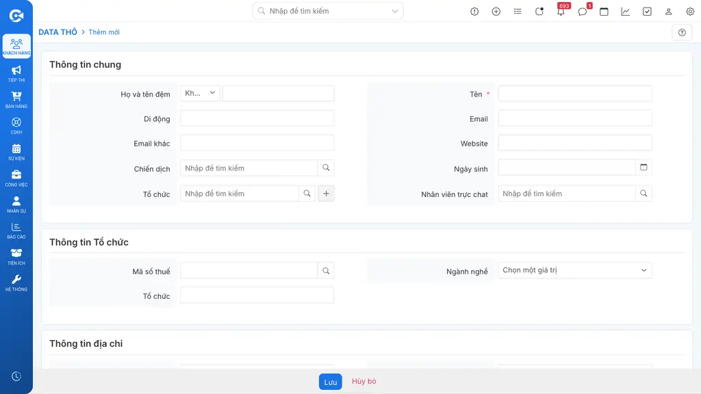 Form tạo mới Data Thô với các trường Thông tin chung