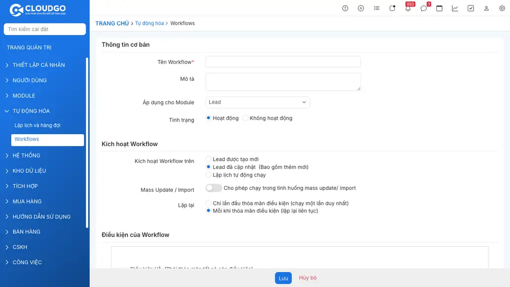 Form Thêm Workflow — Thông tin cơ bản và Kích hoạt Workflow trên