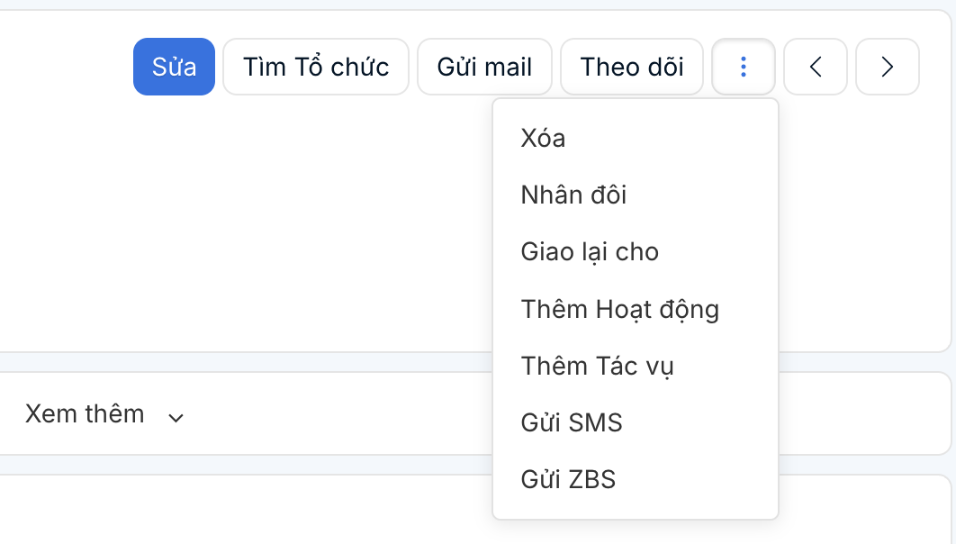 Thanh thao tác hỗ trợ phía trên màn hình chi tiết với các nút Sửa, Gửi Email, Theo dõi...
