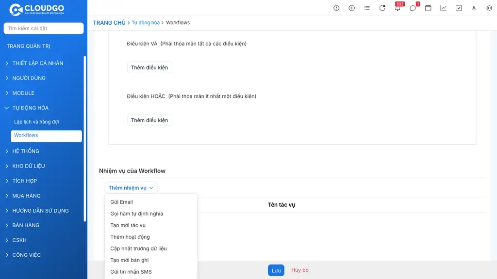 Dropdown Thêm nhiệm vụ — chọn loại tác vụ Cập nhật trường dữ liệu