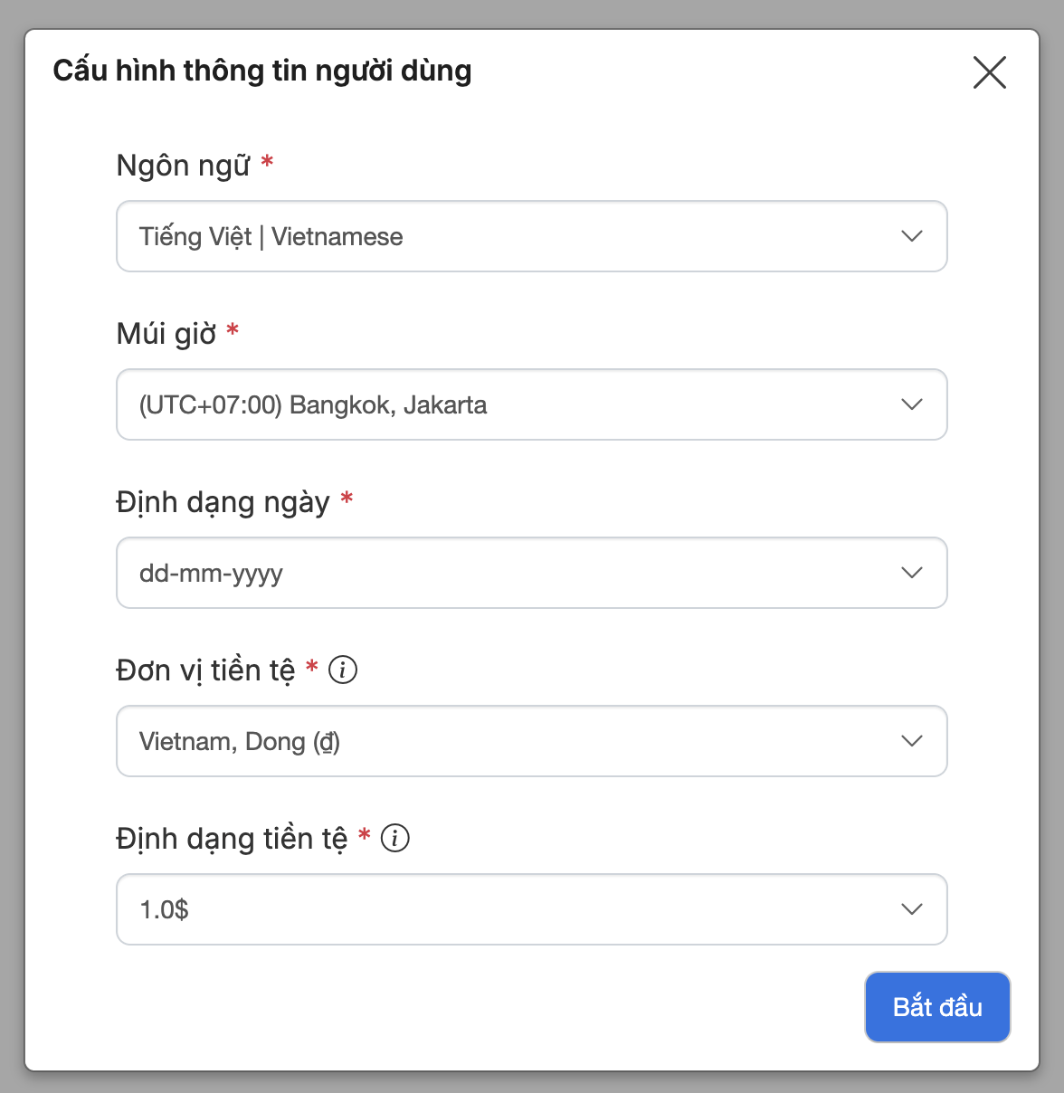 Màn hình thiết lập ban đầu sau khi đăng nhập lần đầu, có nút "Bắt đầu"