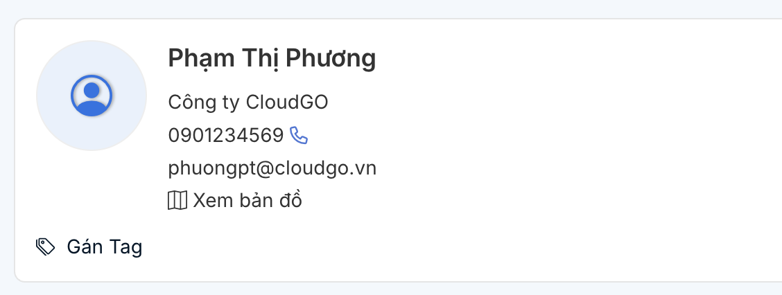 Khu vực tiêu đề của màn hình chi tiết Người liên hệ với tên, SĐT, email và tag