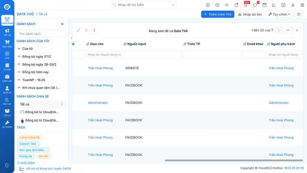 Hàng ô lọc trên danh sách Data Thô theo Giao cho + Nguồn input