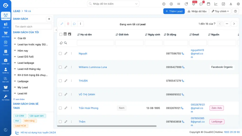 Hàng ô lọc theo cột trên danh sách Lead
