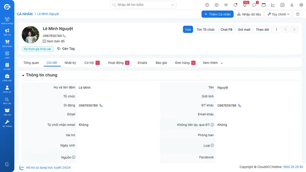 Thanh công cụ hồ sơ Người liên hệ: Sửa, Tìm Tổ chức, Chat FB, Gửi mail, Theo dõi