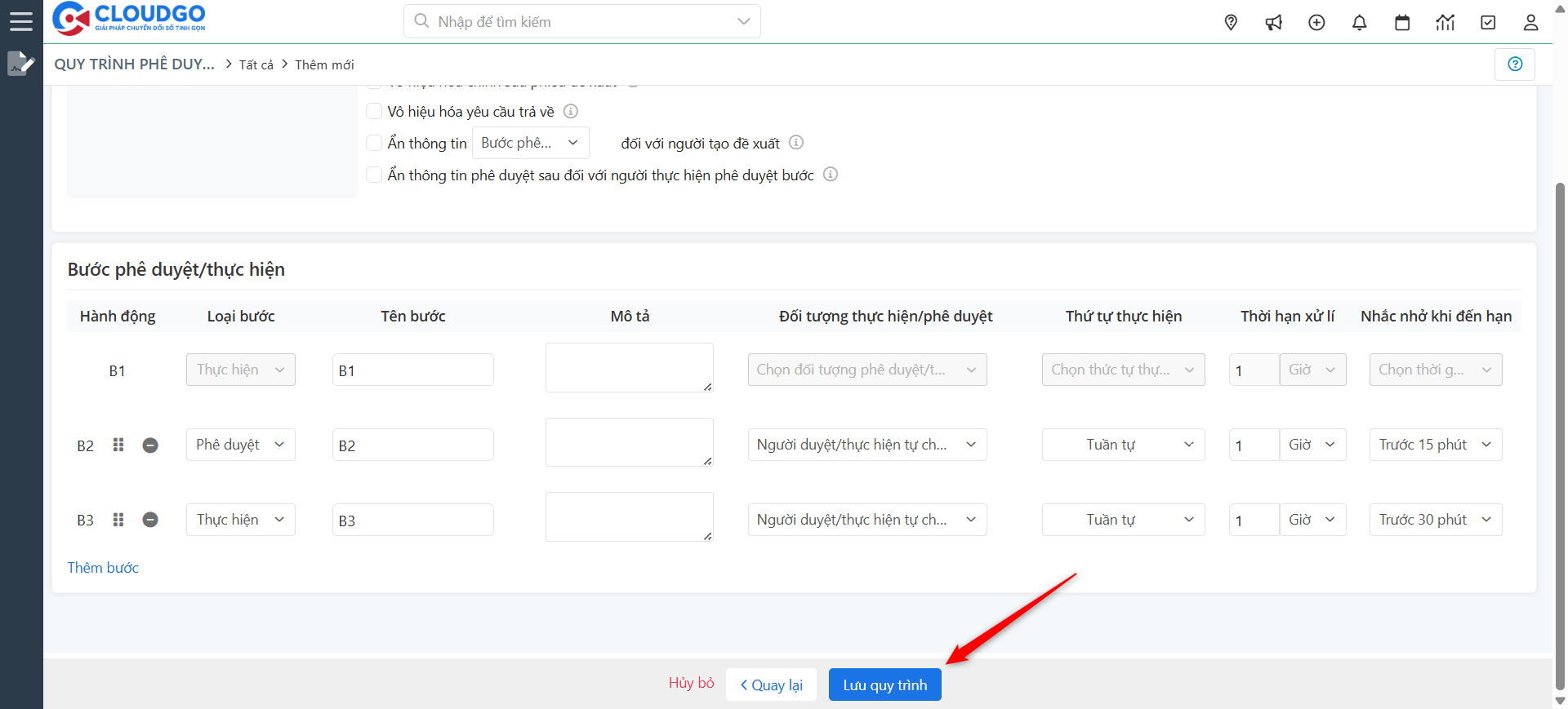 Nhập các bước phê duyệt và lưu quy trình