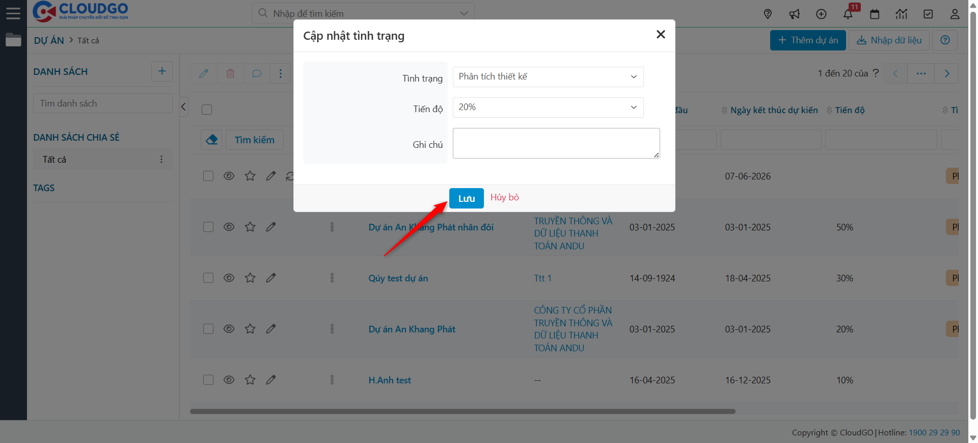 Cập nhật tình trạng dự án