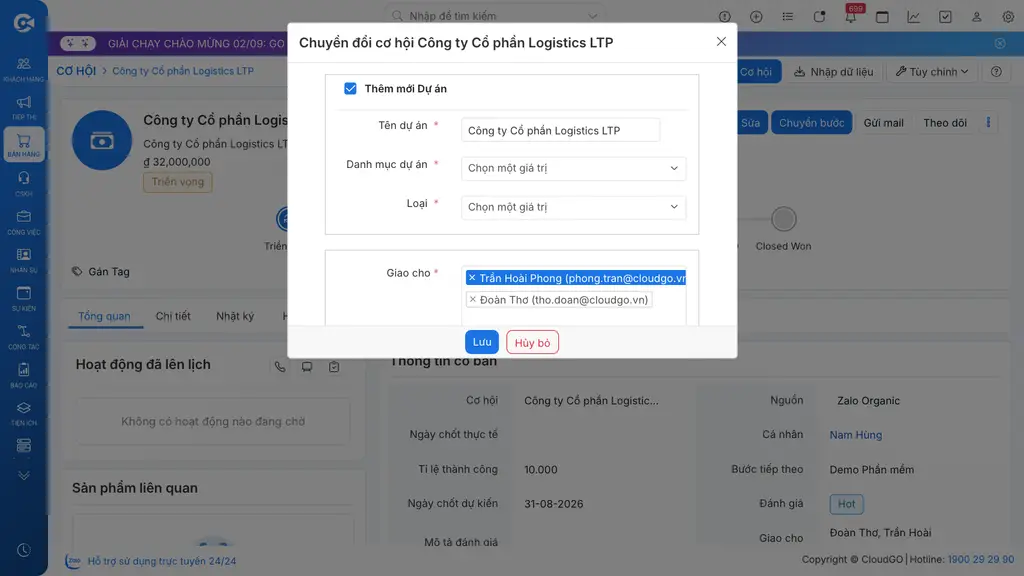 Form tạo dự án với dữ liệu điền sẵn từ Cơ hội