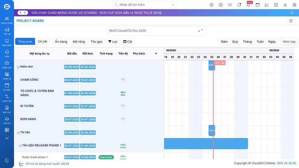 Màn hình Project Board — biểu đồ Gantt phân cấp theo hạng mục, có tiến độ % và mốc